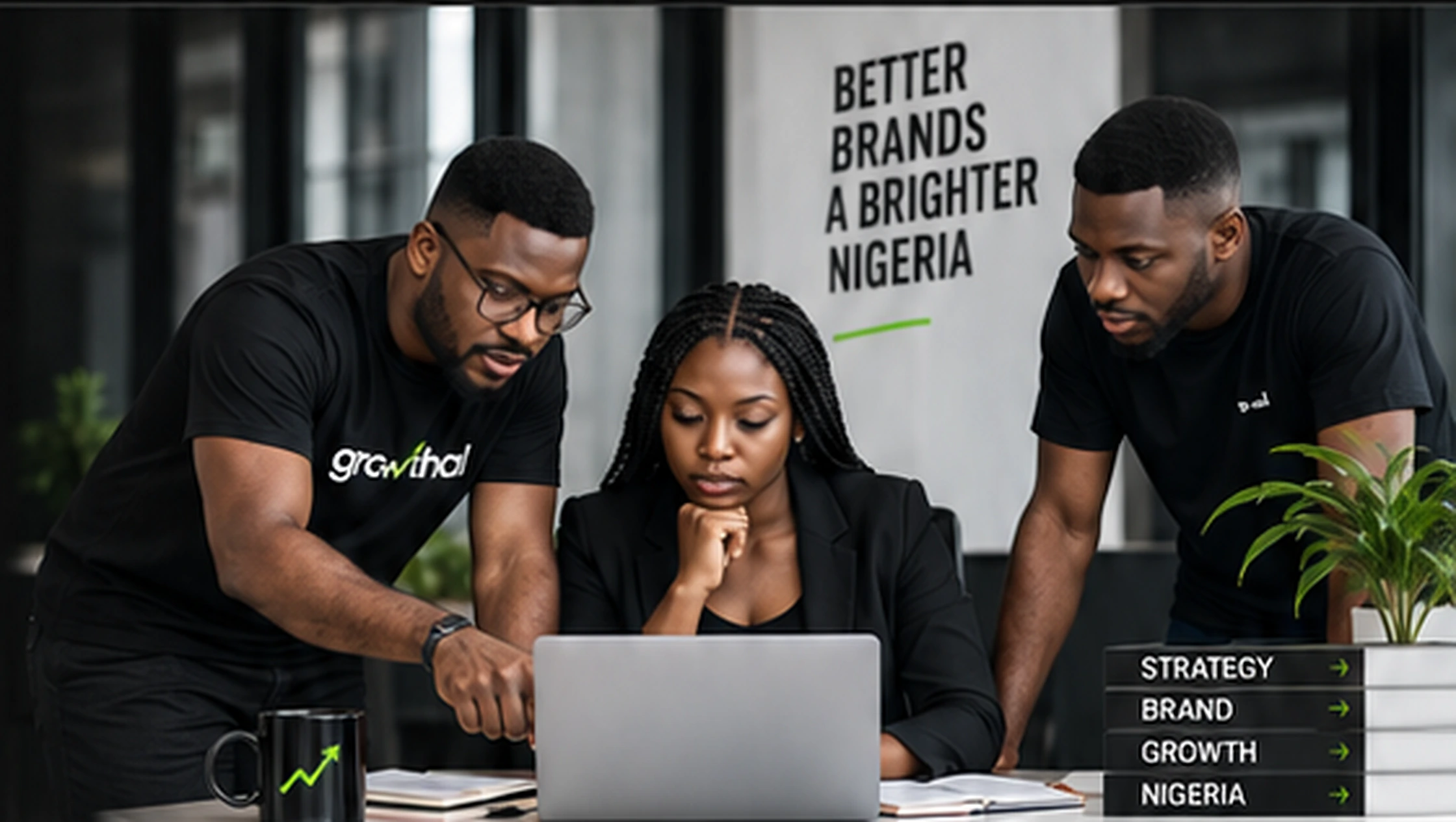 Growthal team reviewing brand strategy together at a laptop